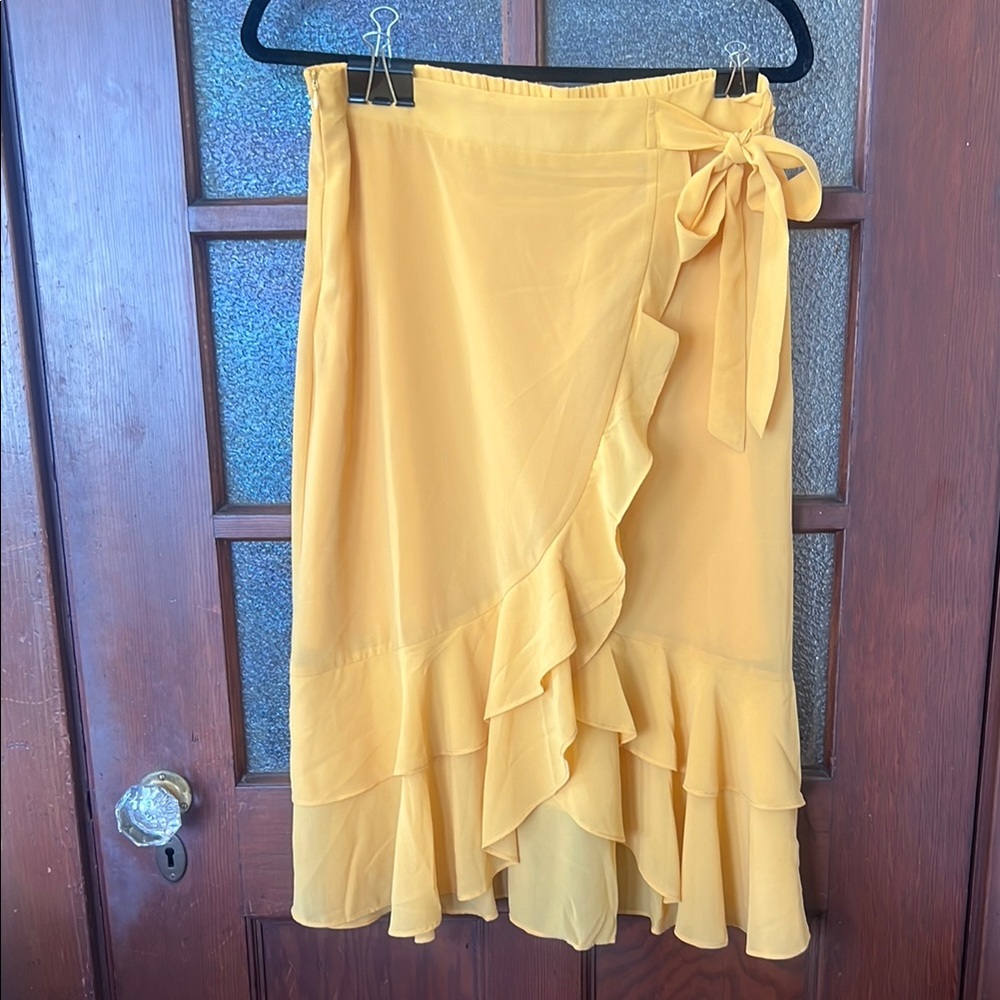 Allegra K Yellow Midi Wrap Skirt with Ruffled High-Low Design